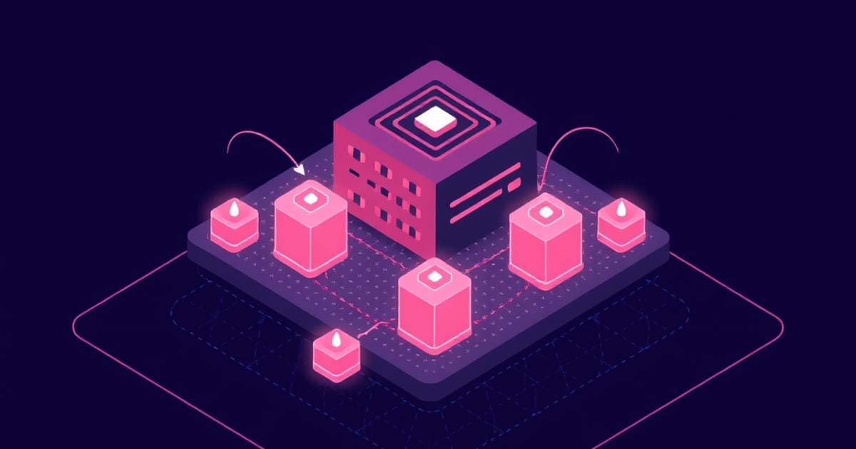 Isometric storage array with concentric target rings on top, ringed by glowing blocks and inbound arrows, representing iSCSI targets and initiators