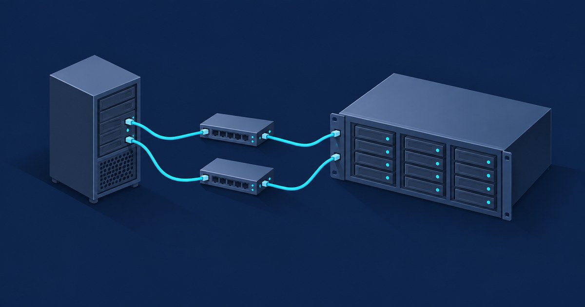 A Windows server tower connects through dual network switches and glowing cables to a rack-mounted iSCSI storage array.