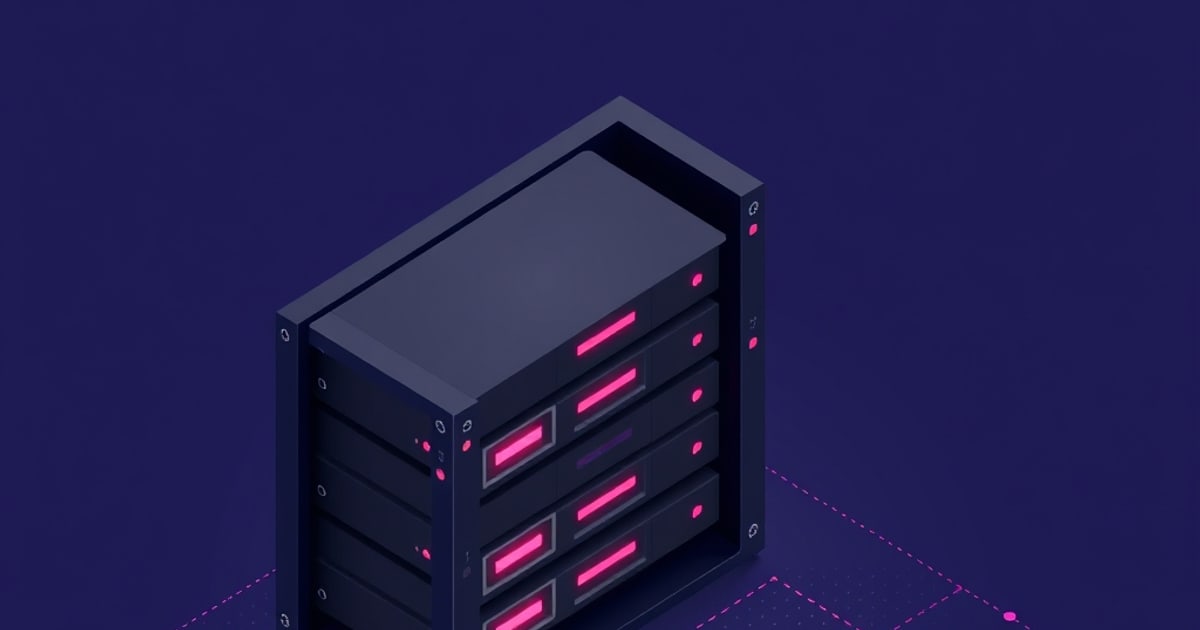 Flat isometric illustration of a black disk array with rows of pink-lit drive bays, standing on a dashed magenta grid against a deep indigo background.