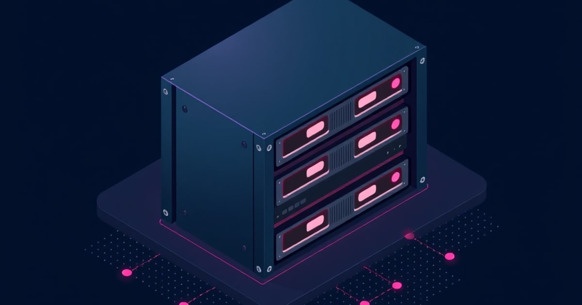 Flat isometric illustration of a dark navy rack server cabinet with three stacked units and glowing pink drive bays on a slab traced with pink node links.
