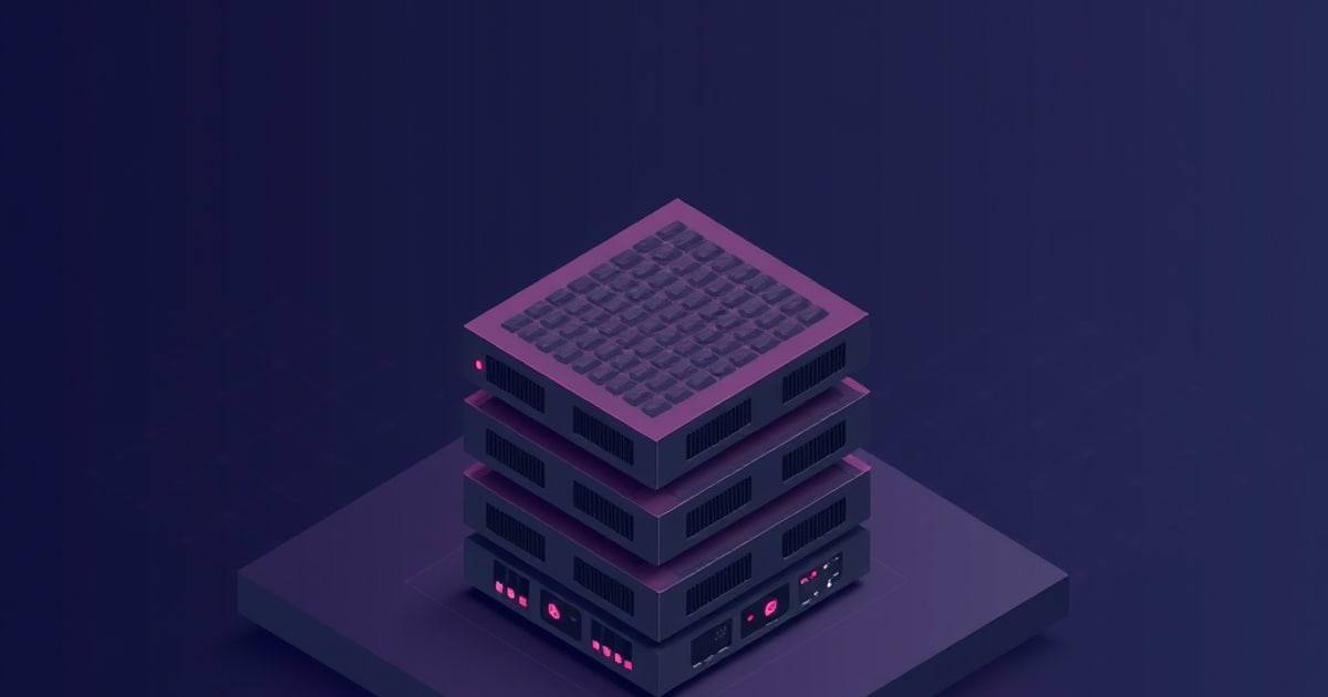 Isometric stack of purple NAS server units with vent grilles and glowing pink status ports on a dark navy platform, evoking homelab network storage.