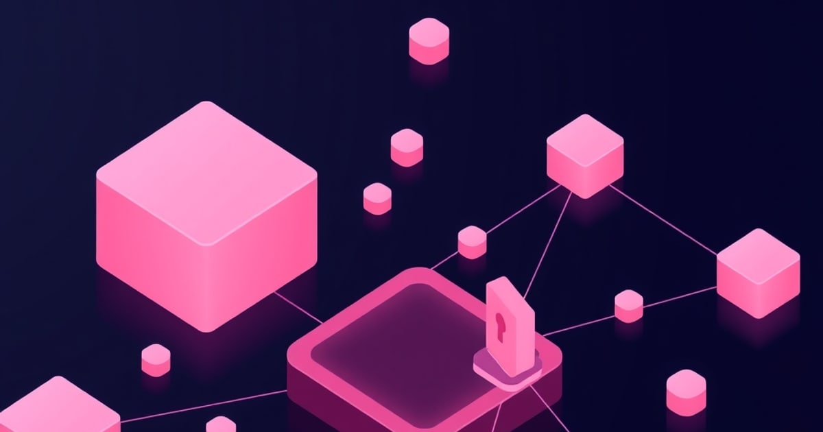 Isometric pink cubes of various sizes linked by thin lines to a central platform with a padlock on a dark navy background, evoking networked homelab storage
