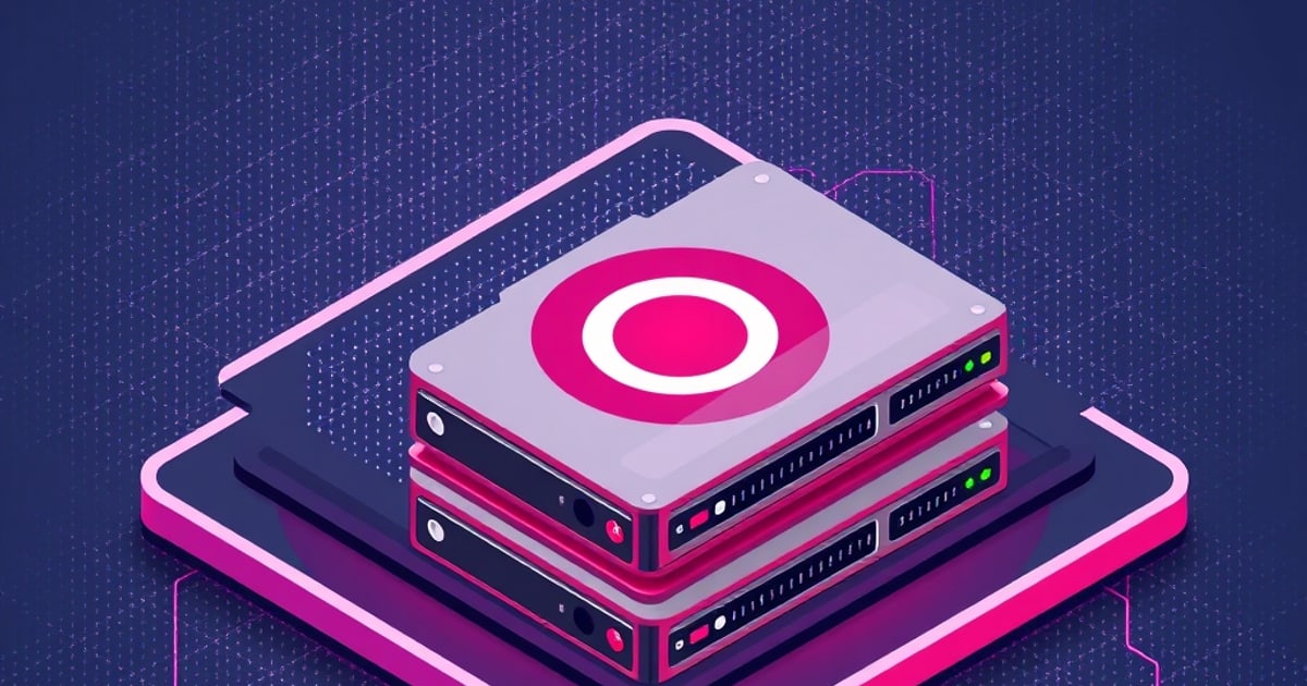 Flat isometric illustration of a stacked pair of silver drive units topped by a large pink concentric disc, on a bright magenta rounded platform.