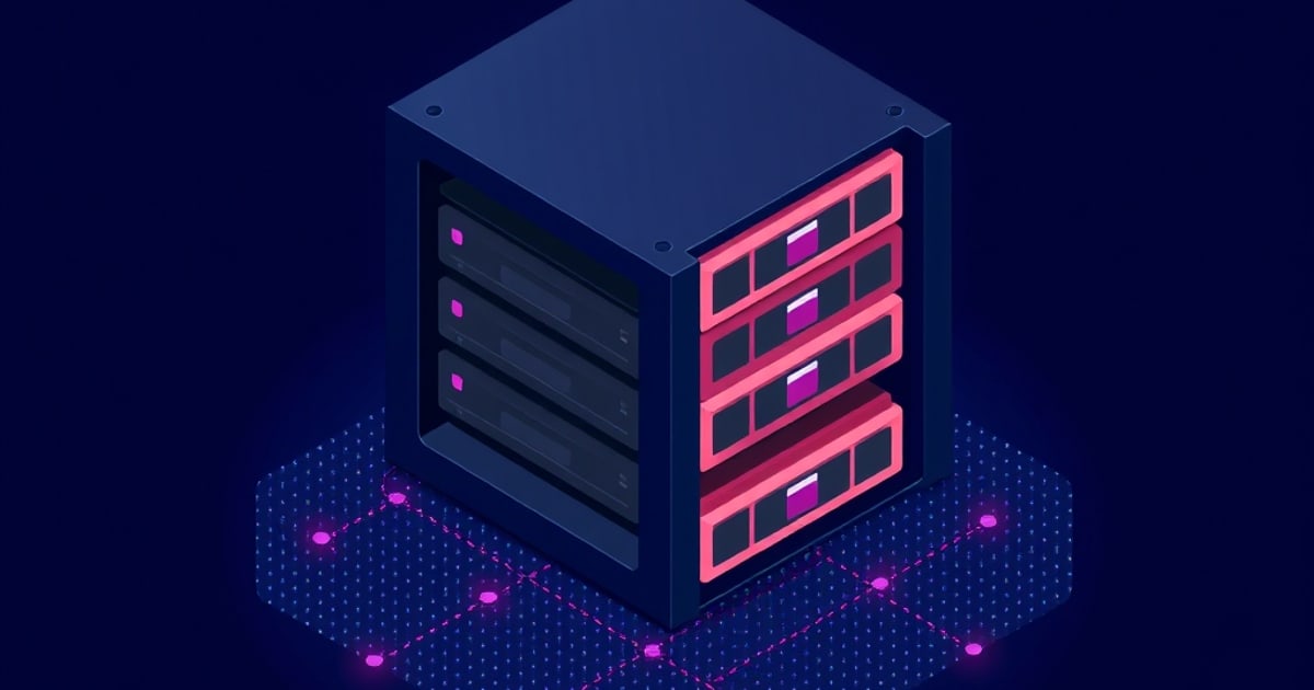 Isometric navy storage enclosure holding stacked drive bays with glowing pink trays, set on a dotted grid of network nodes, evoking disks backing an iSCSI LUN